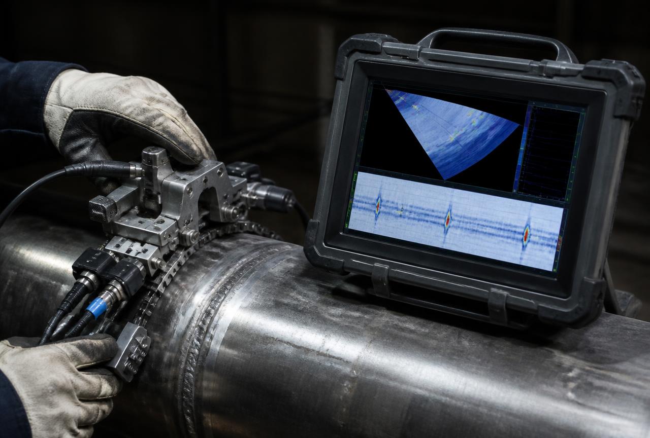 Phased array ultrasonic scanner and data display on a weld seam