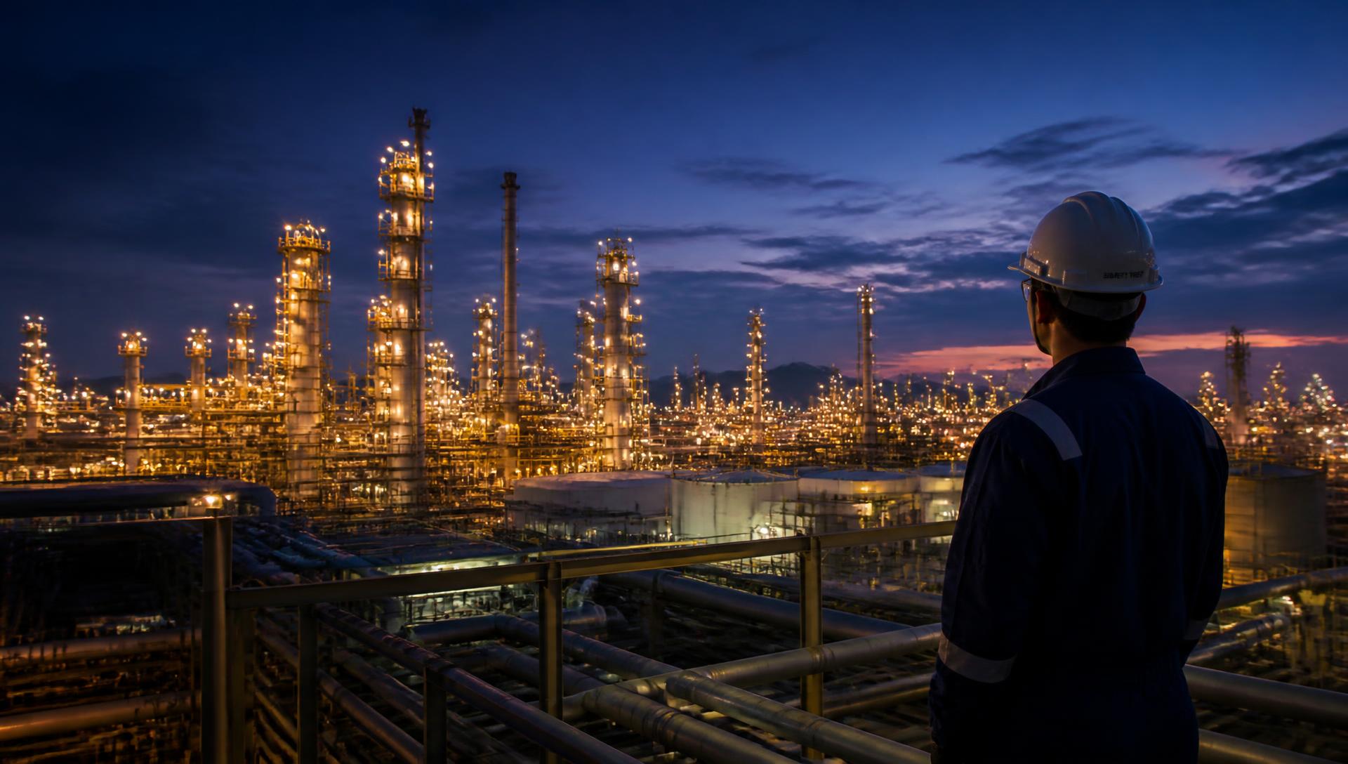 Inspection technician on a refinery site at dusk in Saudi Arabia