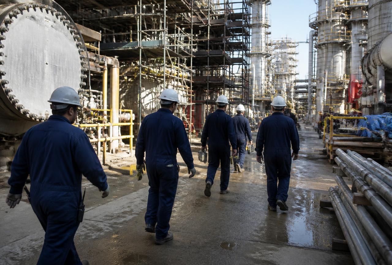 Team of inspection technicians walking through a refinery during a turnaround